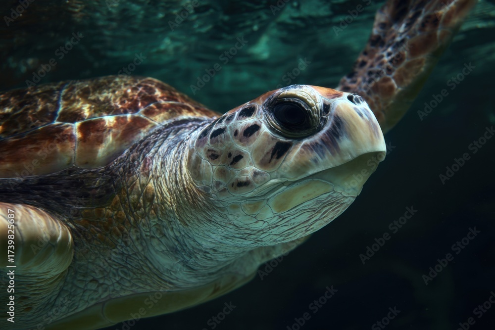 Fototapeta premium underwater turtle, its shell and head above the water's surface