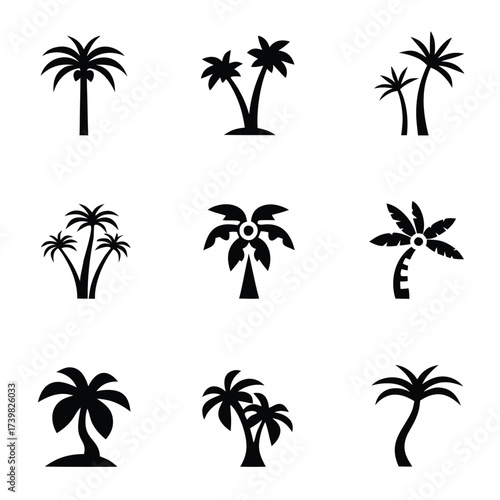 Collection of nine black palm tree icons on white background silhouette