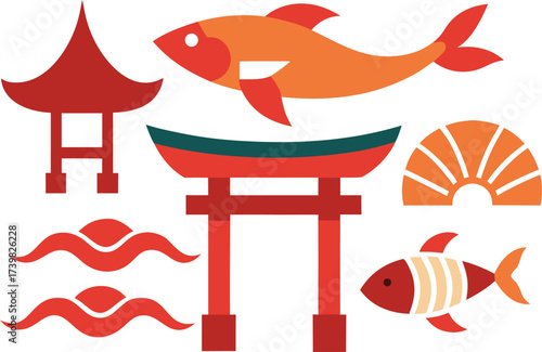 Japanese traditional elements bundle vector illustration scalable eps icon set