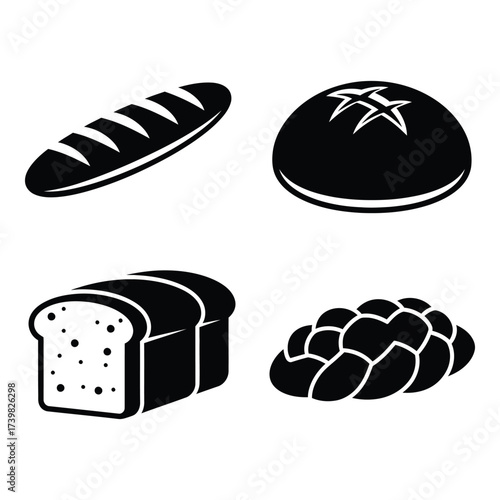 Assortment of delicious baked bread varieties including baguette sliced loaf round bread and braided challah silhouette