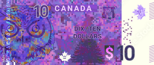Vector fictional colored pixel mosaic banknote, denomination of 10 Canadian dollars. Head of owl. Symbol of Canada, maple leaf. Spruce. Ten. Pink violet obverse of note