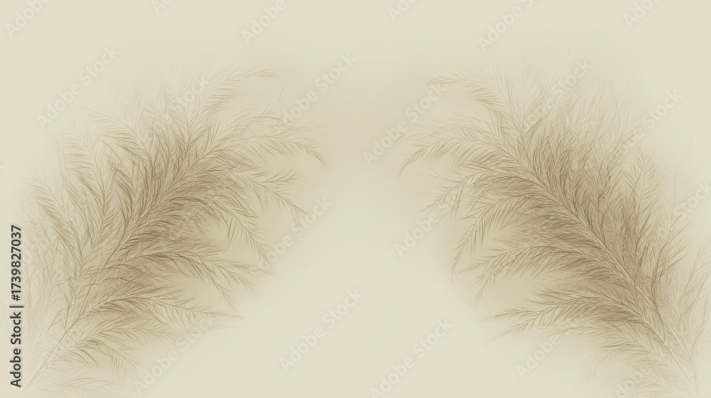 Obraz premium Symmetrical Arrangement of Delicate Feathery Textures on a Soft Gradient Beige Backdrop with Generous Copy Space - Ethereal and Serene Visuals