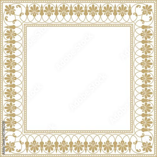 Vector gold square classic greek meander ornament. Pattern of ancient Greece. Border, frame of the Roman Empire.
