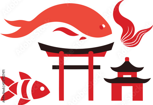Japanese traditional vector bundle koi fish torii gate pagoda temple waves illustration