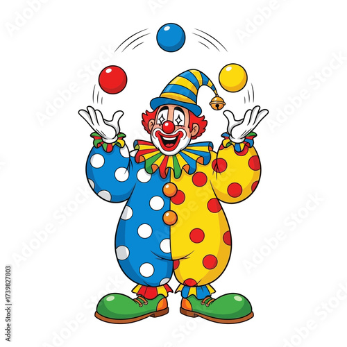 Vector art of cheerful clown juggling three colorful balls, wearing a polkadotted costume and a striped hat, smiling widely