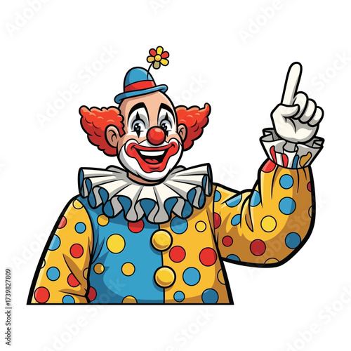 Vector art of cheerful clown with red hair, blue hat, and colorful polka dot outfit pointing up with his index finger