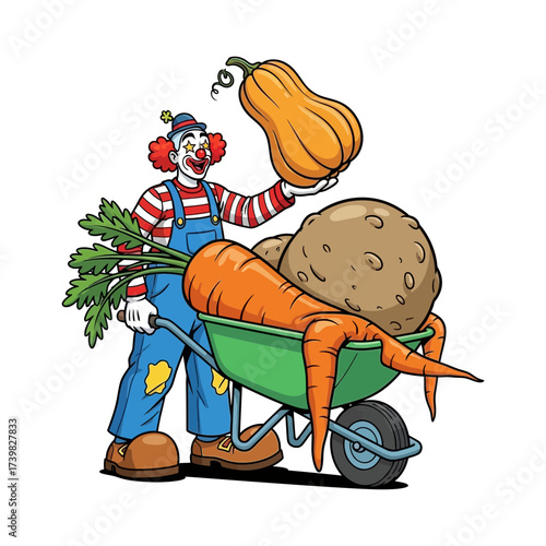 Vector art of a cheerful clown in overalls pushes a wheelbarrow full of oversized vegetables, holding a butternut squash