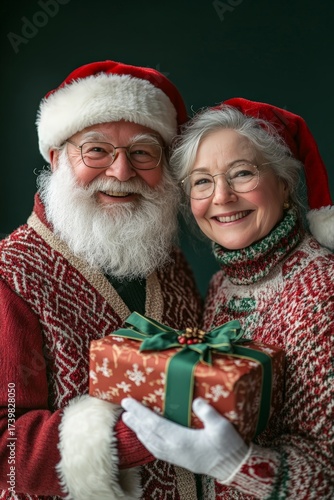 Joyful Couple in Festive Outfits with Holiday Gift
