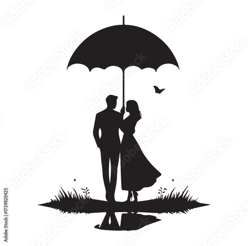 A Romantic couple holding umbrella silhouette and Vector