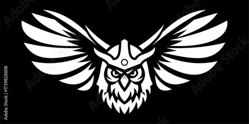 A bold black and white owl with spread wings and a warrior helmet, representing power and dominance.