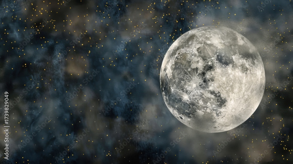 Obraz premium Lunar Astronomy Vistas: Full Moon Craters, Dark Night Skies, 3D Lunar Surface Orbits & Abstract Moonlight Backgrounds