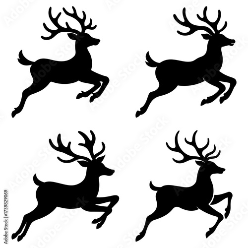 Four black silhouette reindeer leaping with antlers on a white background in a seamless pattern design