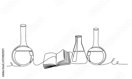 Continuous one line drawing of open book with DNA and laboratory glassware on white background