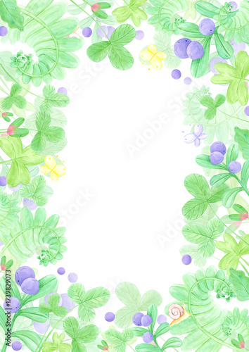 Hand drawn watercolor fairy meadow postcard frame border. Illustration of berries fern and leaves isolated on white background. Can be used for postcard, scrapbook and other printed products.