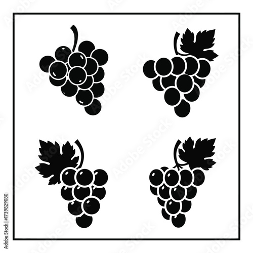 Four black silhouette clusters of grapes with leaves decorative elements for harvest and vineyard designs silhouette