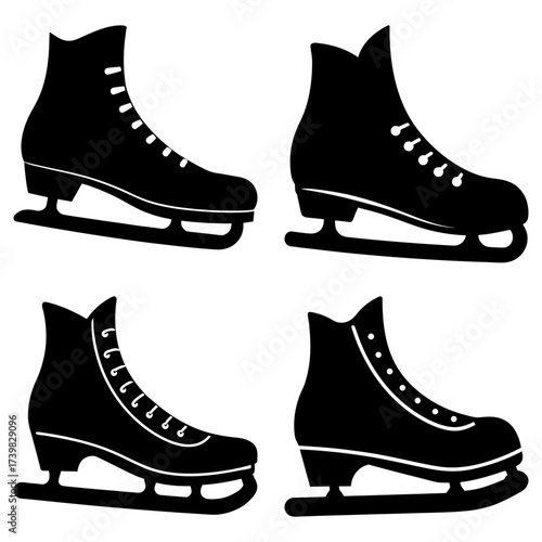 Four black ice skates in a pattern against a white background showing winter sports equipment design