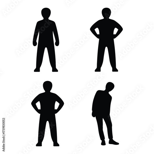 Collection of four silhouette figures standing in diverse poses representing human anatomy and everyday life silhouette
