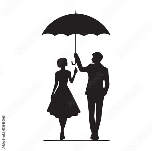 A Romantic couple holding umbrella silhouette and Vector