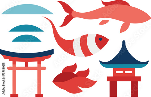 Japanese traditional elements vector bundle koi fish torii gate pagoda waves illustration