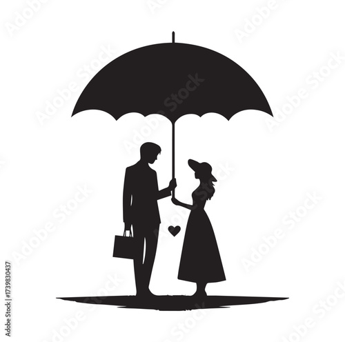 A Romantic couple holding umbrella silhouette and Vector