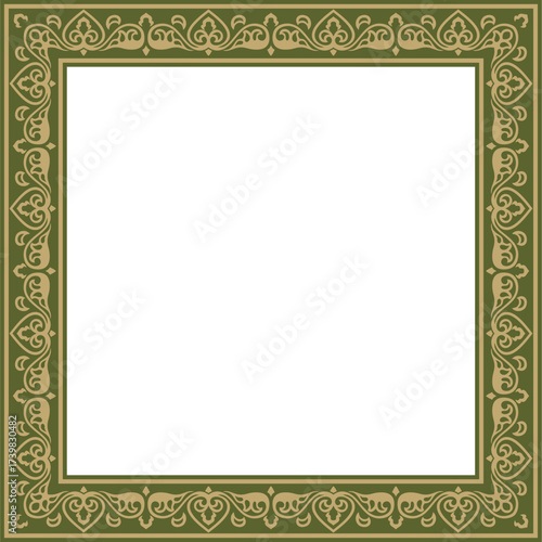 Vector square gold with green ancient Russian ornament. Slavic rectangle, border, frame. Painting of the royal chambers.