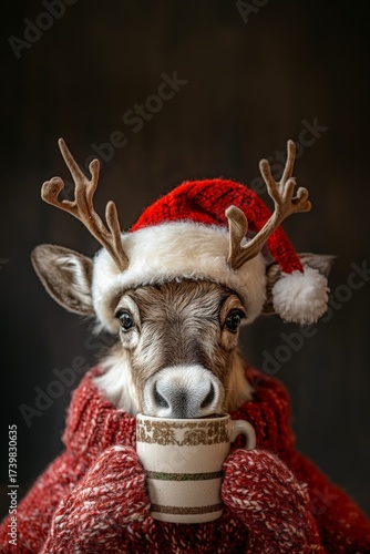 Reindeer in Festive Attire Enjoying Hot Cocoa