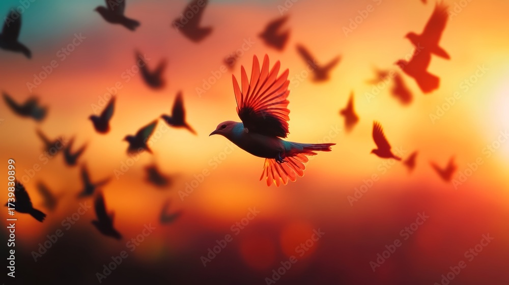 Fototapeta premium Flocking birds soaring at sunset nature scene aerial view vibrant sky serene environment for wildlife enthusiasts