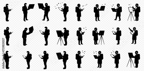 Silhouettes of a person engaged in various activities like using a laptop, tablet, reading, painting, and photography.