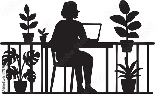 Silhouette of a woman working on a laptop at a desk surrounded by potted plants on a balcony railing