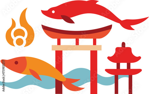 Japanese traditional elements vector bundle koi fish torii gate temple illustration scalable eps