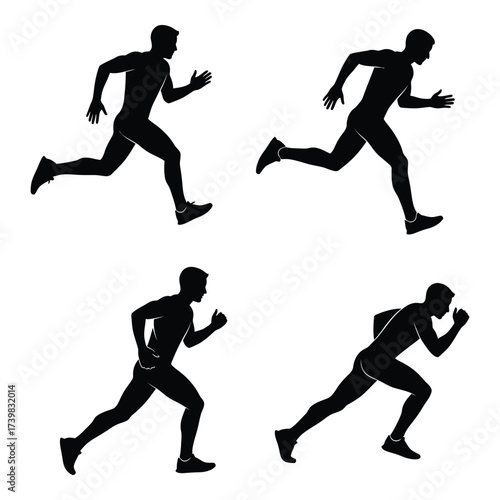 Dynamic silhouettes of male runners in motion capturing sprinting and athletic poses for fitness and sports designs silhouette
