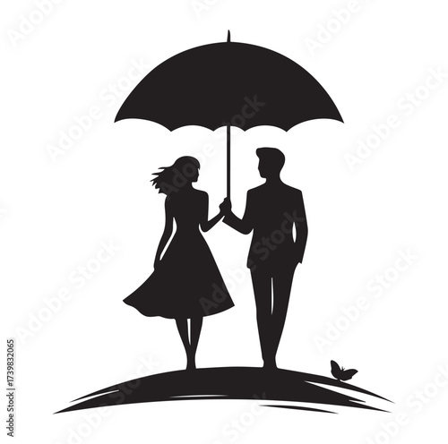 A Romantic couple holding umbrella silhouette and Vector