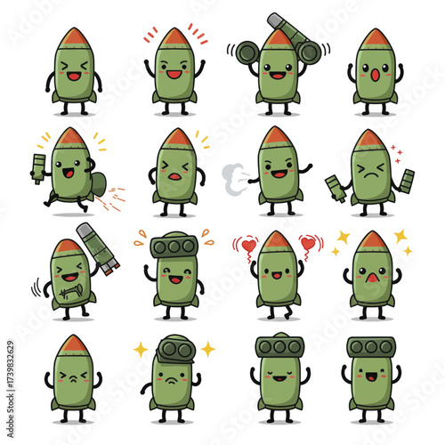 Set of Cute Rocket and Missile Cartoon Mascot Characters.