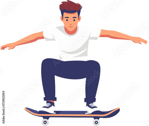Illustration of a stylish young man balancing on a skateboard, capturing the spirit of street sport and youthful freedom with a dynamic pose and energetic urban vibe