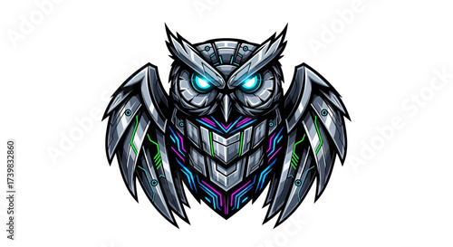Futuristic owl with glowing eyes, a symbol of wisdom and advanced technology, perfect for gaming, cybersecurity, or AI themed projects and modern designs