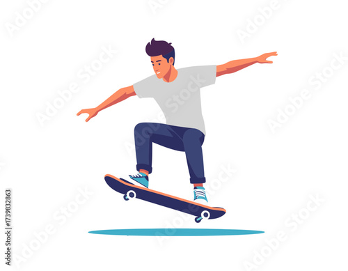 Dynamic vector illustration of a young male skateboarder performing an impressive mid-air jump trick, showcasing energetic urban sport, youthful freedom, and active lifestyle skill
