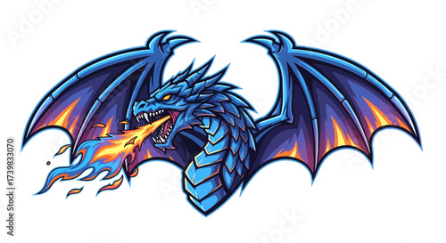 Awesome blue dragon breathing fire, perfect for gaming, fantasy art, or fierce mascot design, ready to spark your brand with power and magic!