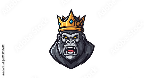 Fearsome gorilla king with golden crown, perfect for branding or gaming, a powerful symbol of strength and dominance with a touch of royalty