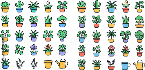 Vector Icon Set of Various Potted Houseplants and Gardening Tools.