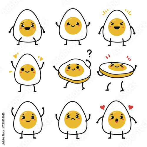 Set of cute kawaii boiled egg characters with different emotions.