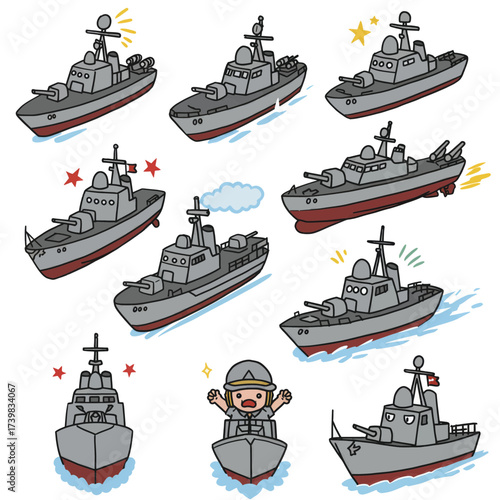 Handdrawn illustration set of various warships.