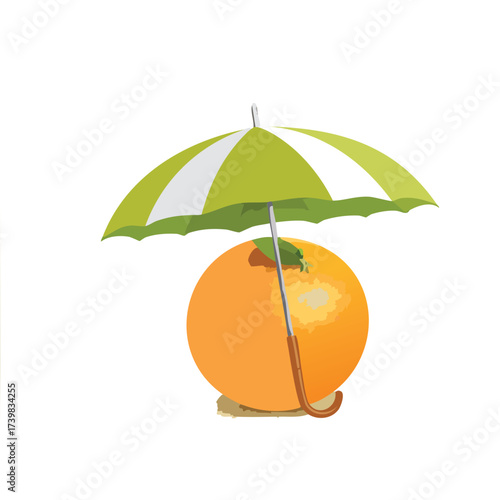 Orange beach parasol in the sand for a summer vacation illustration with the sea and sky in the background
