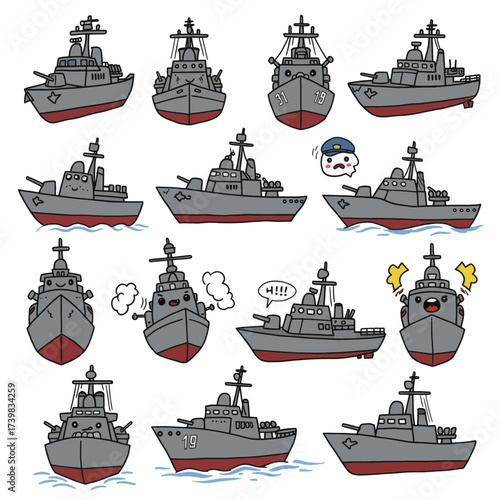 Handdrawn Doodle Set of Naval Battleship Characters.