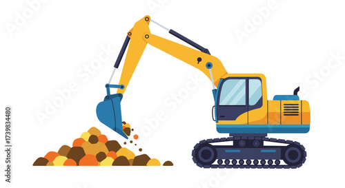 Cartoon Excavator Digging Soil Construction Vehicle Illustration.