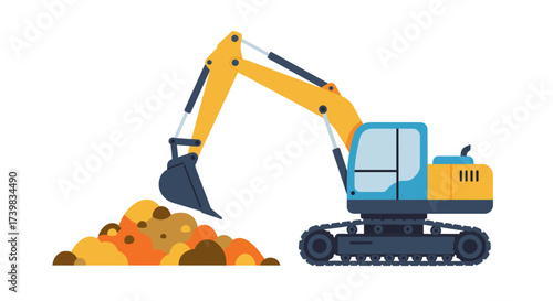 Yellow and Blue Excavator Digging into a Pile of Earth.