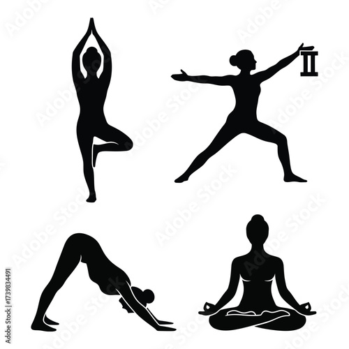 Four dynamic yoga poses silhouettes representing strength balance and inner peace for wellness and fitness activities silhouette