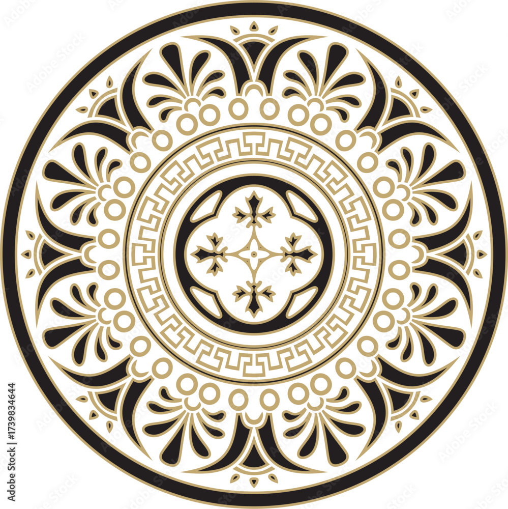 Obraz premium Vector gold with black classic Greek round ornament. Circle of Ancient Greece and the Roman Empire. Byzantine painting of walls, floors and ceilings. Decoration of European palaces.
