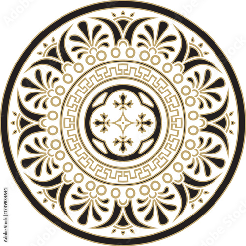 Vector gold with black classic Greek round ornament. Circle of Ancient Greece and the Roman Empire. Byzantine painting of walls, floors and ceilings. Decoration of European palaces.