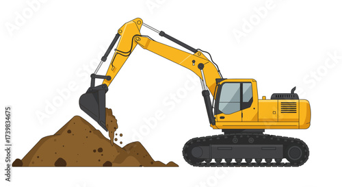 Yellow Excavator Digging Soil Construction Equipment Illustration.