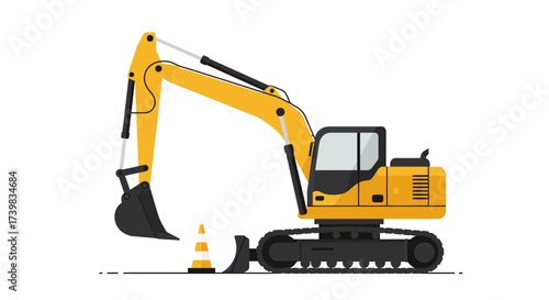Yellow Excavator with Black Tracks and a Traffic Cone.